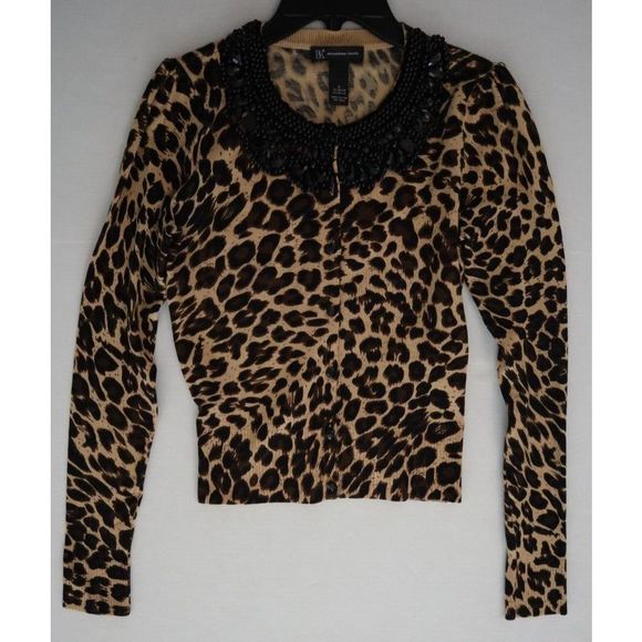 International Concepts Women's Sz S Leopard Print Beaded Button Up Sweater - Picture 2 of 8